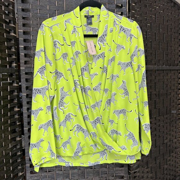 Ann Taylor Womens Long Sleeve Faux Wrap Blouse Cheetah Lime Green Size LP NWT - Picture 1 of 6